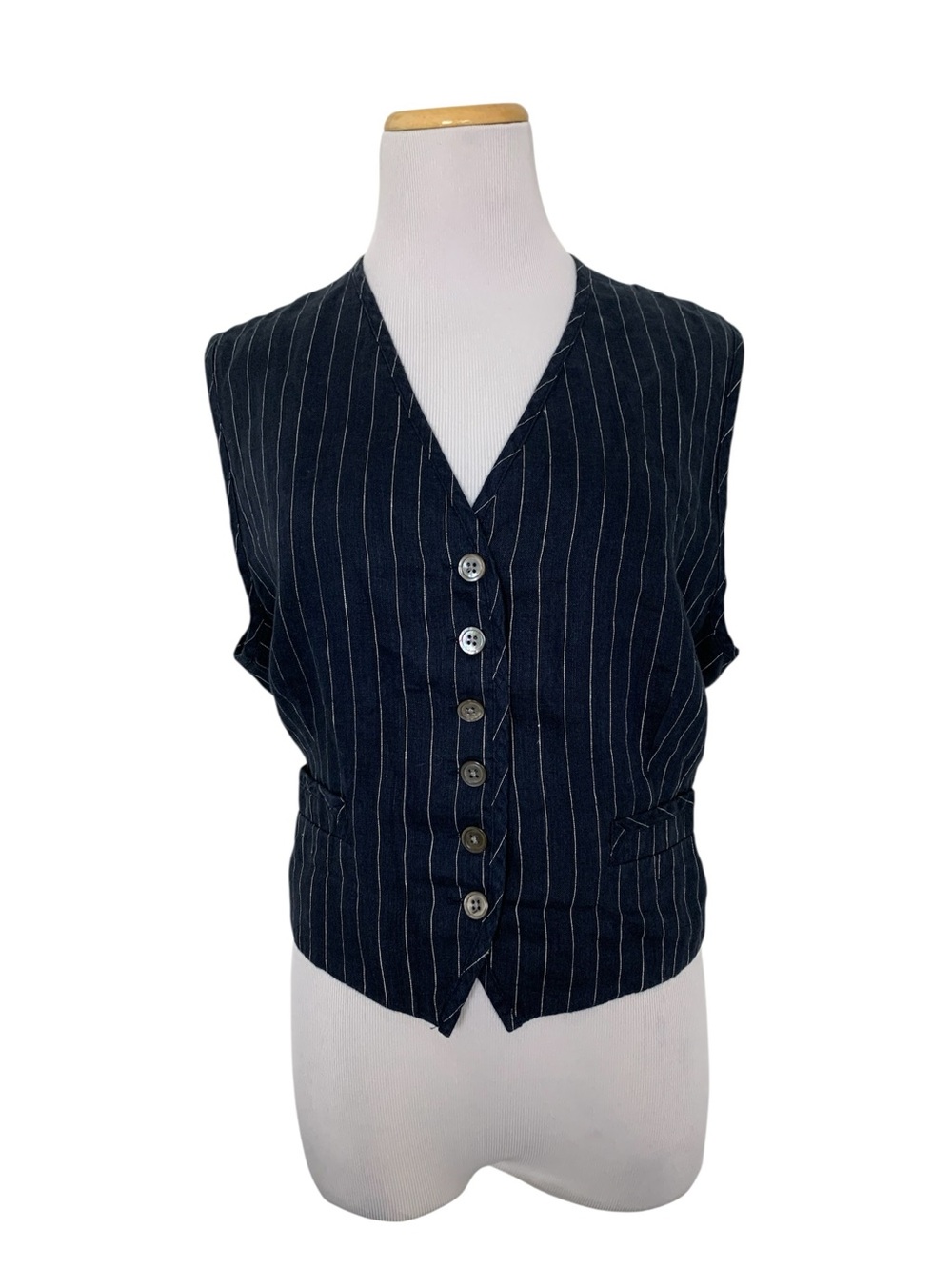 Vintage DKNY Jeans 100% Linen Pinstripe Vest Women’s 14 Navy Minimalist 90s